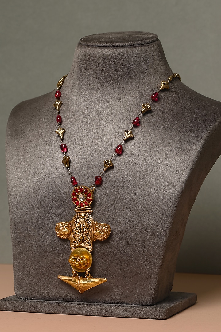 Gold Finish Kundan Polki Temple Necklace In Sterling Silver by Mero at Pernia's Pop Up Shop