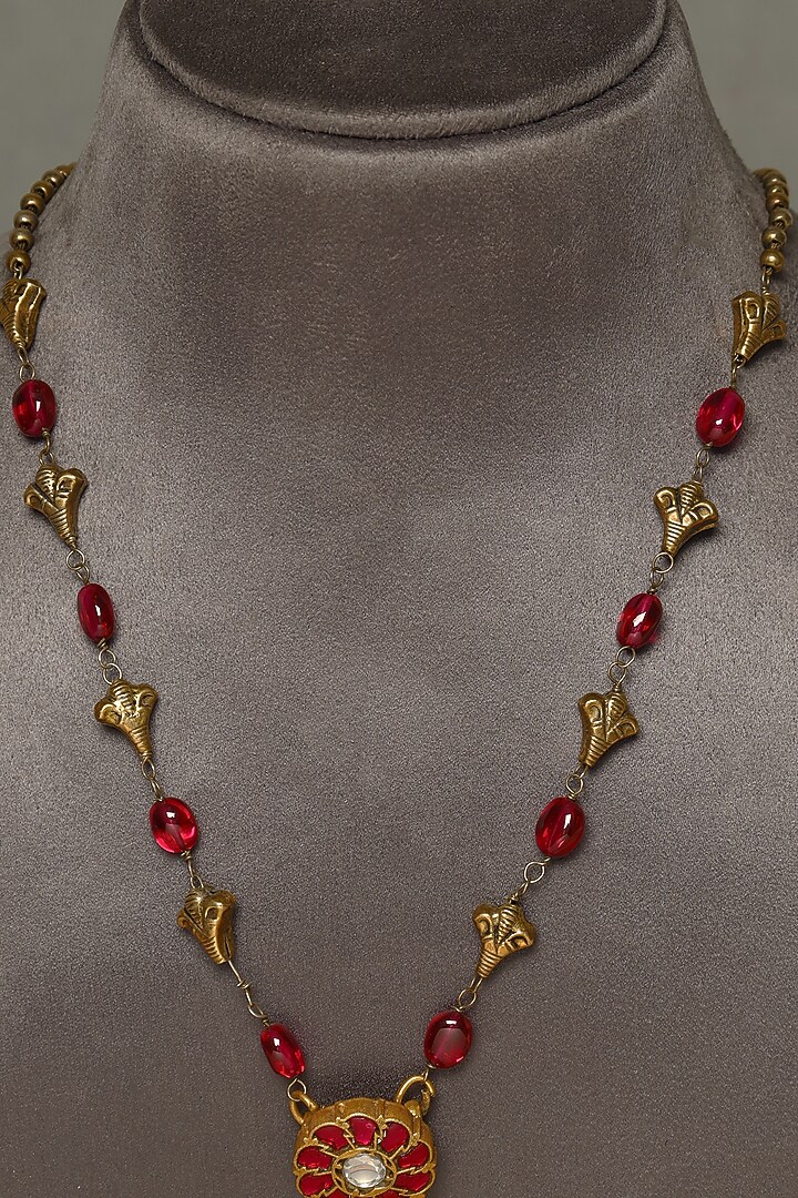 Gold Finish Kundan Polki Temple Necklace In Sterling Silver by Mero at Pernia's Pop Up Shop