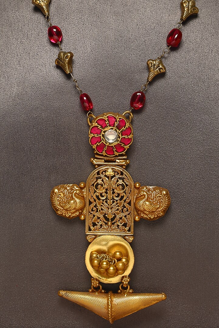 Gold Finish Kundan Polki Temple Necklace In Sterling Silver by Mero at Pernia's Pop Up Shop