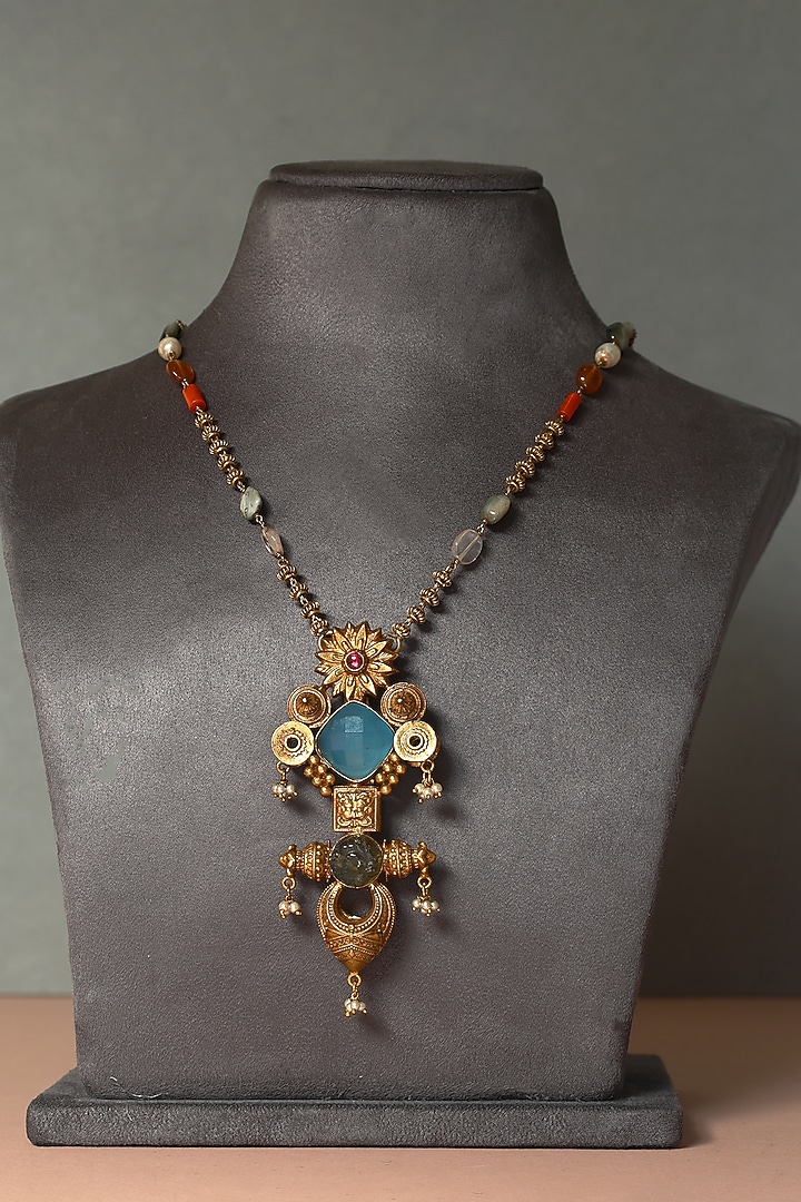 Gold Finish Calcedonia & Pearl Temple Necklace In Sterling Silver by Mero at Pernia's Pop Up Shop