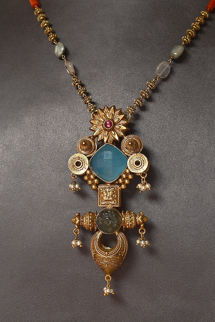 Gold Finish Calcedonia & Pearl Temple Necklace In Sterling Silver by Mero at Pernia's Pop Up Shop