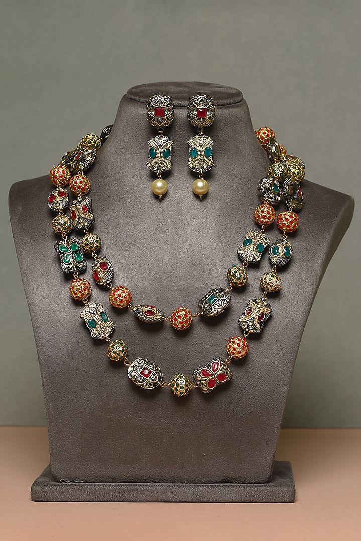 Gold Finish Ruby & Emerald Temple Necklace Set In Sterling Silver by Mero at Pernia's Pop Up Shop