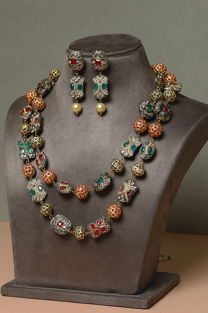Gold Finish Ruby & Emerald Temple Necklace Set In Sterling Silver by Mero at Pernia's Pop Up Shop
