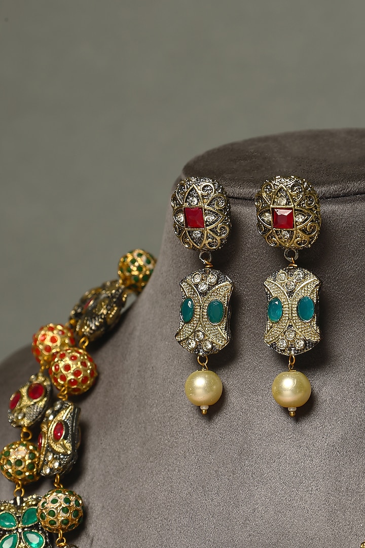 Gold Finish Ruby & Emerald Temple Necklace Set In Sterling Silver by Mero at Pernia's Pop Up Shop