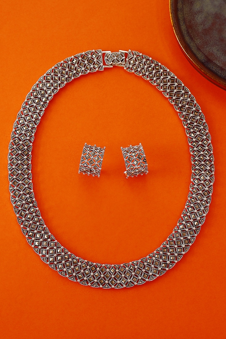 White Finish Marcasite Stone Necklace Set In Sterling Silver by Mero at Pernia's Pop Up Shop
