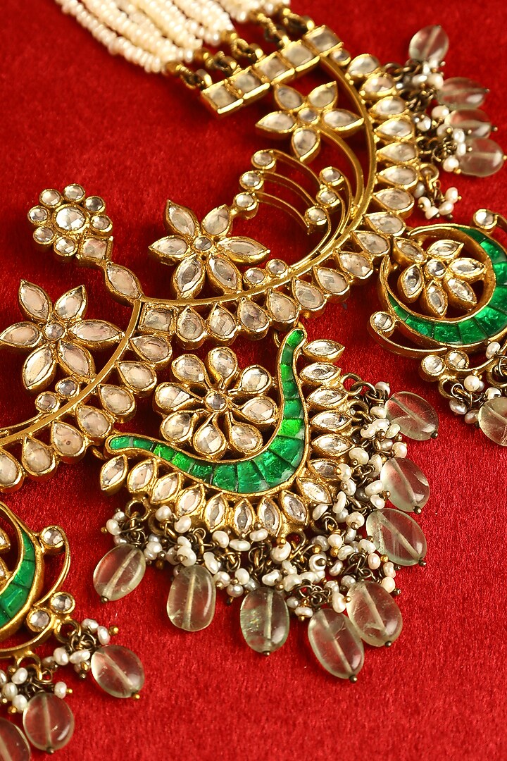 Gold Finish Kundan Polki Temple Necklace In Sterling Silver by Mero at Pernia's Pop Up Shop