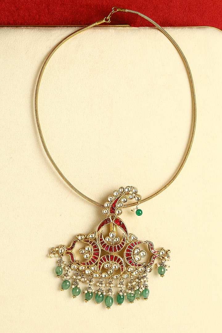 Gold Finish Kundan Polki & Jade Temple Necklace In Sterling Silver by Mero at Pernia's Pop Up Shop