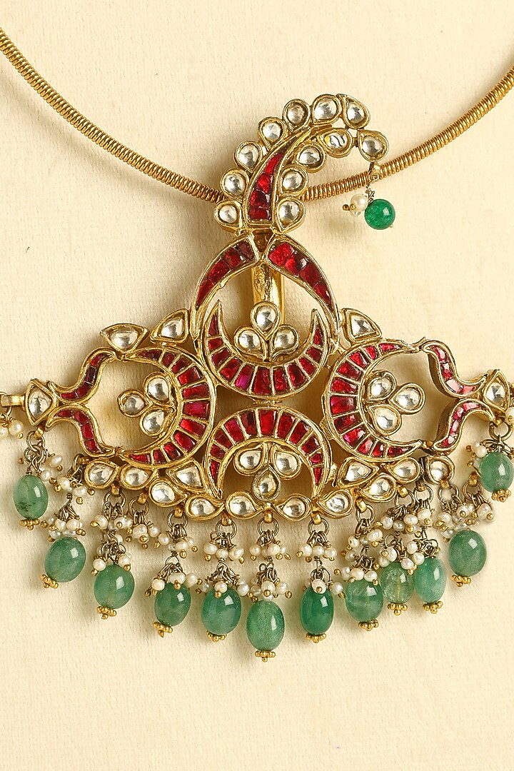 Gold Finish Kundan Polki & Jade Temple Necklace In Sterling Silver by Mero at Pernia's Pop Up Shop