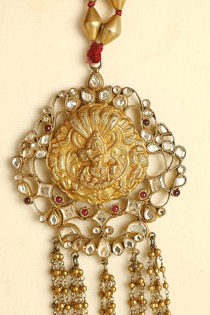 Gold Finish Kundan Polki & Moissanite Temple Necklace In Sterling Silver by Mero at Pernia's Pop Up Shop
