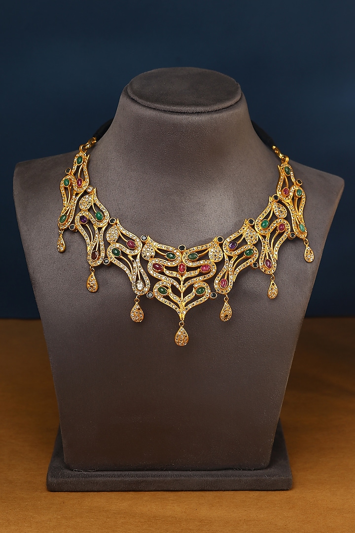 Gold Finish Kempstone & Green Onyx Temple Necklace In Sterling Silver by Mero at Pernia's Pop Up Shop