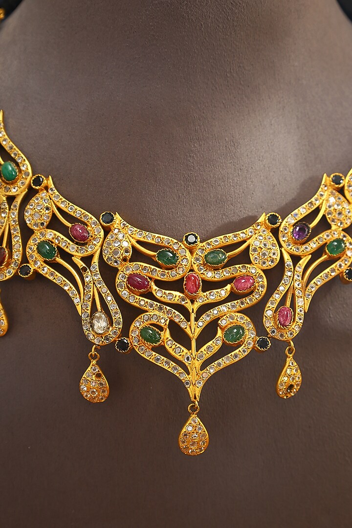 Gold Finish Kempstone & Green Onyx Temple Necklace In Sterling Silver by Mero at Pernia's Pop Up Shop