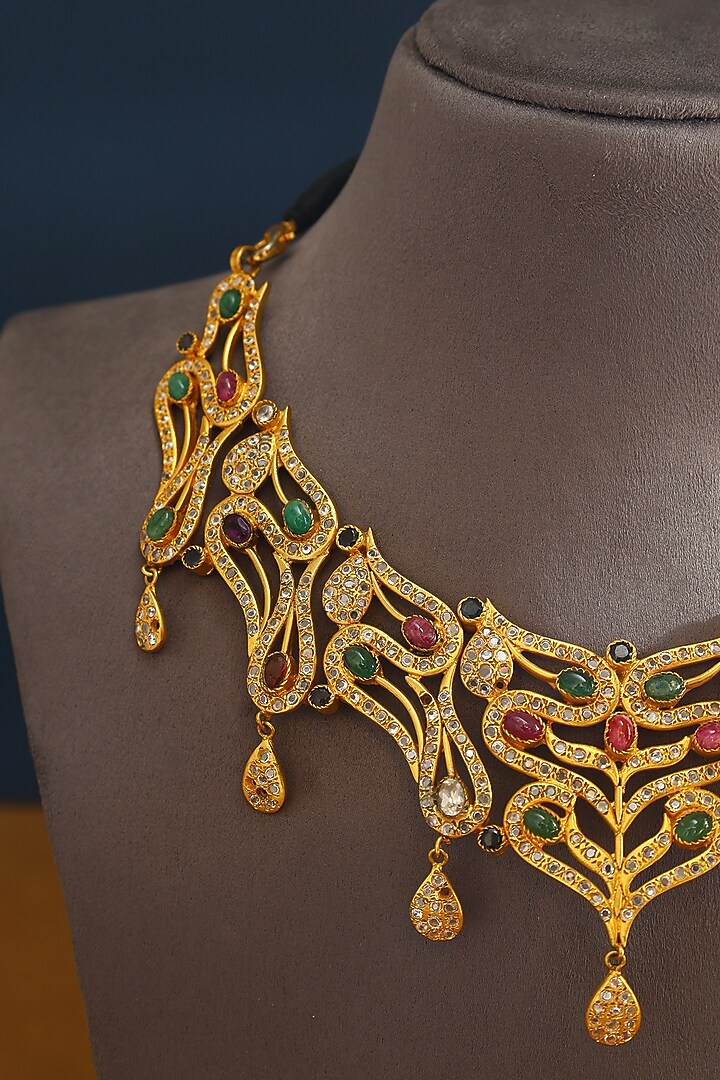 Gold Finish Kempstone & Green Onyx Temple Necklace In Sterling Silver by Mero at Pernia's Pop Up Shop