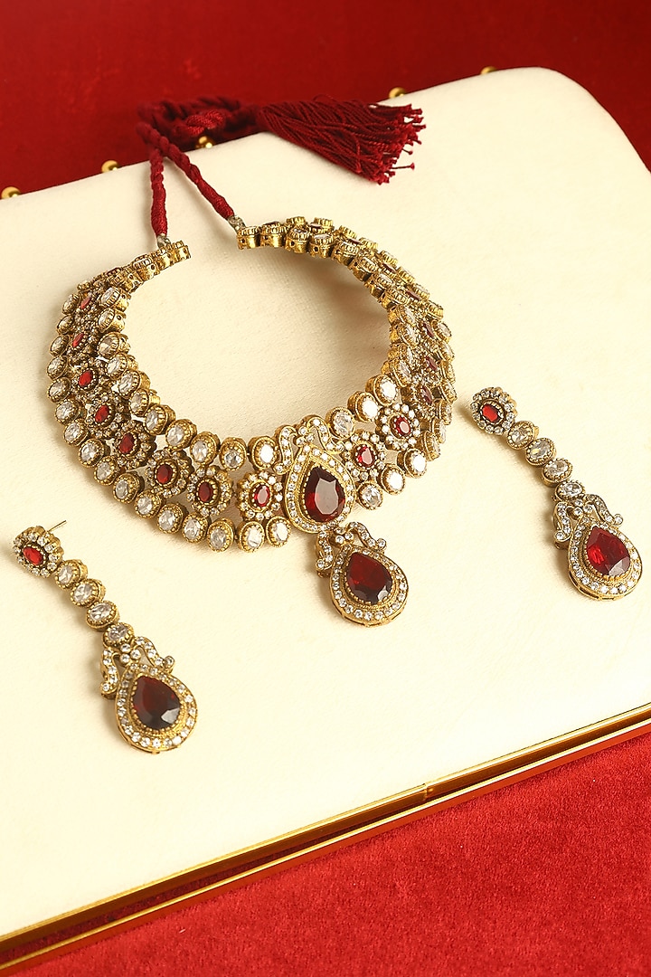 Gold Finish Garnet & CZ Temple Necklace Set In Sterling Silver by Mero at Pernia's Pop Up Shop