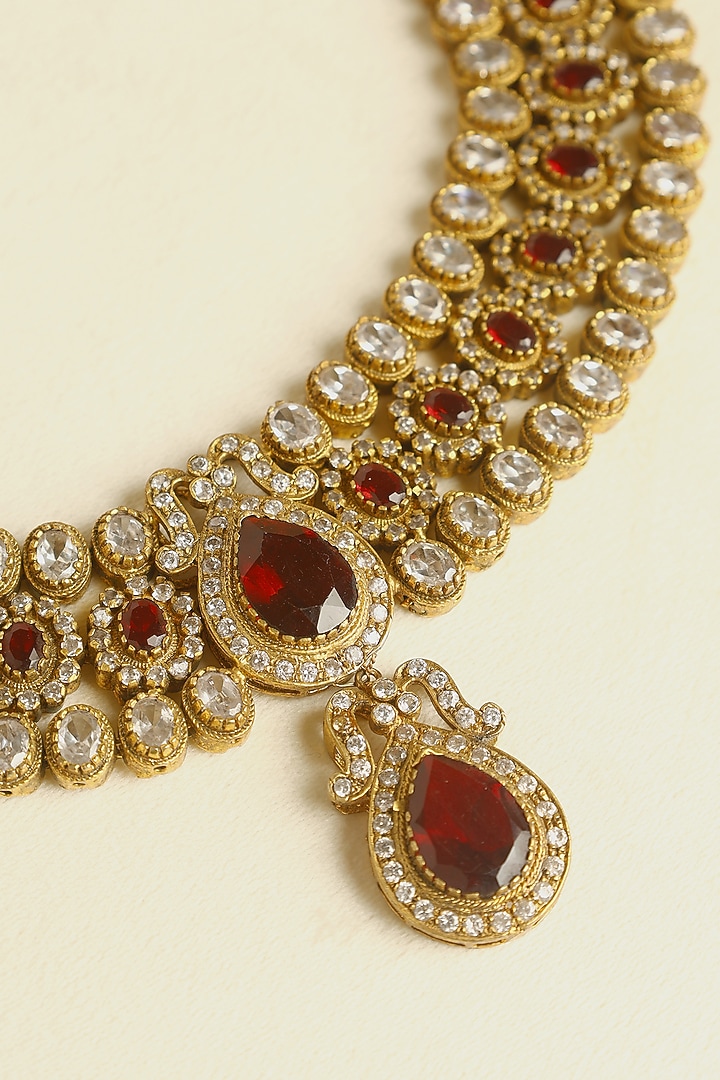 Gold Finish Garnet & CZ Temple Necklace Set In Sterling Silver by Mero at Pernia's Pop Up Shop
