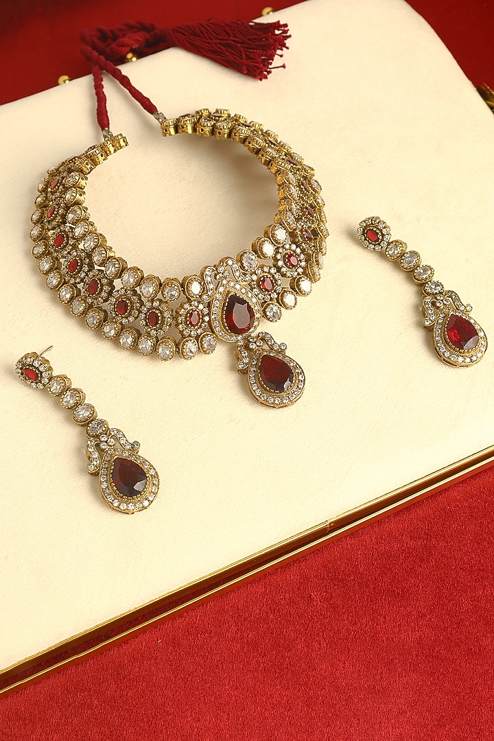 Gold Finish Garnet & CZ Temple Necklace Set In Sterling Silver by Mero at Pernia's Pop Up Shop
