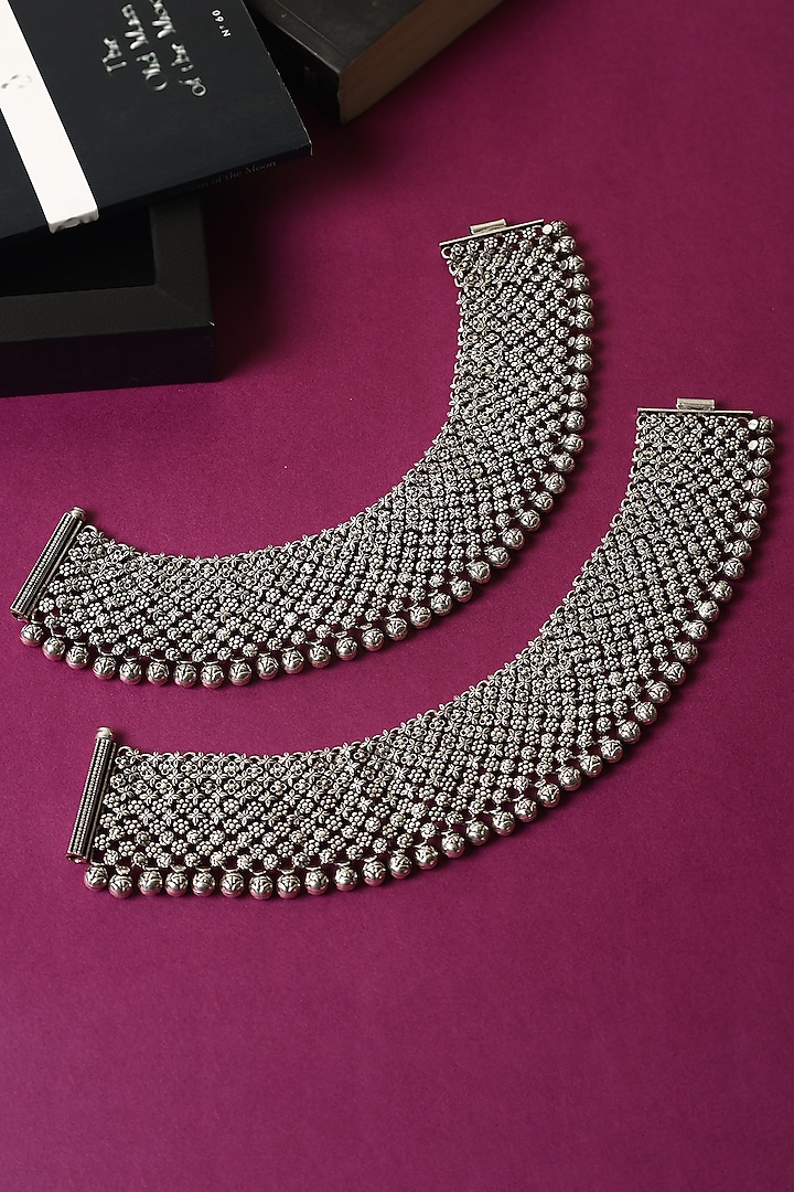 White Finish Temple Anklets In Sterling Silver (Set Of 2) by Mero at Pernia's Pop Up Shop