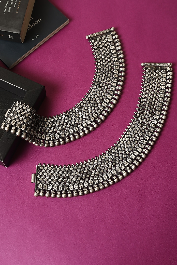 White Finish Temple Anklets In Sterling Silver (Set Of 2) by Mero at Pernia's Pop Up Shop