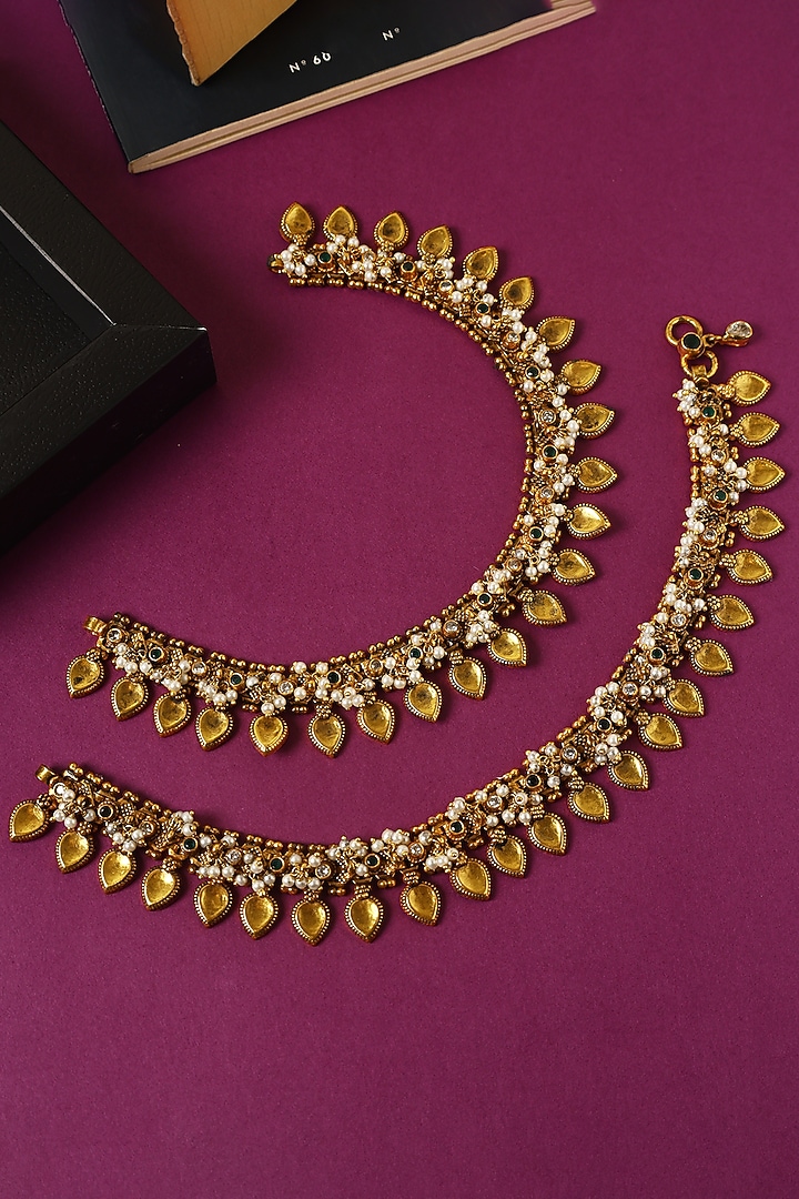 White Finish Pearl & Emerald Temple Anklets In Sterling Silver (Set Of 2) by Mero at Pernia's Pop Up Shop