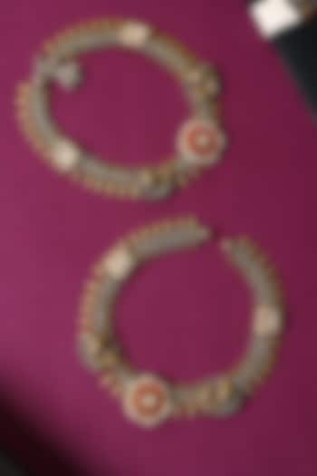 White Finish Kundan Polki Temple Anklets In Sterling Silver (Set Of 2) by Mero at Pernia's Pop Up Shop