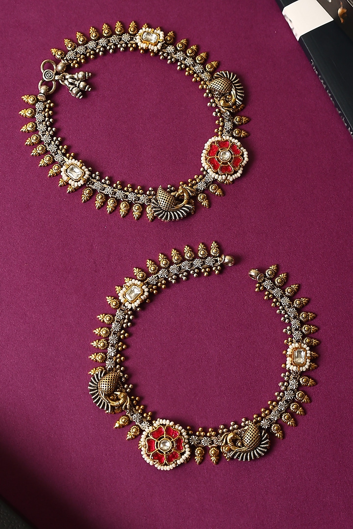 White Finish Kundan Polki Temple Anklets In Sterling Silver (Set Of 2) by Mero at Pernia's Pop Up Shop