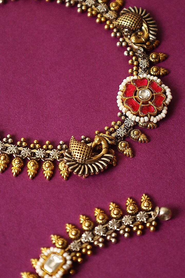 White Finish Kundan Polki Temple Anklets In Sterling Silver (Set Of 2) by Mero at Pernia's Pop Up Shop