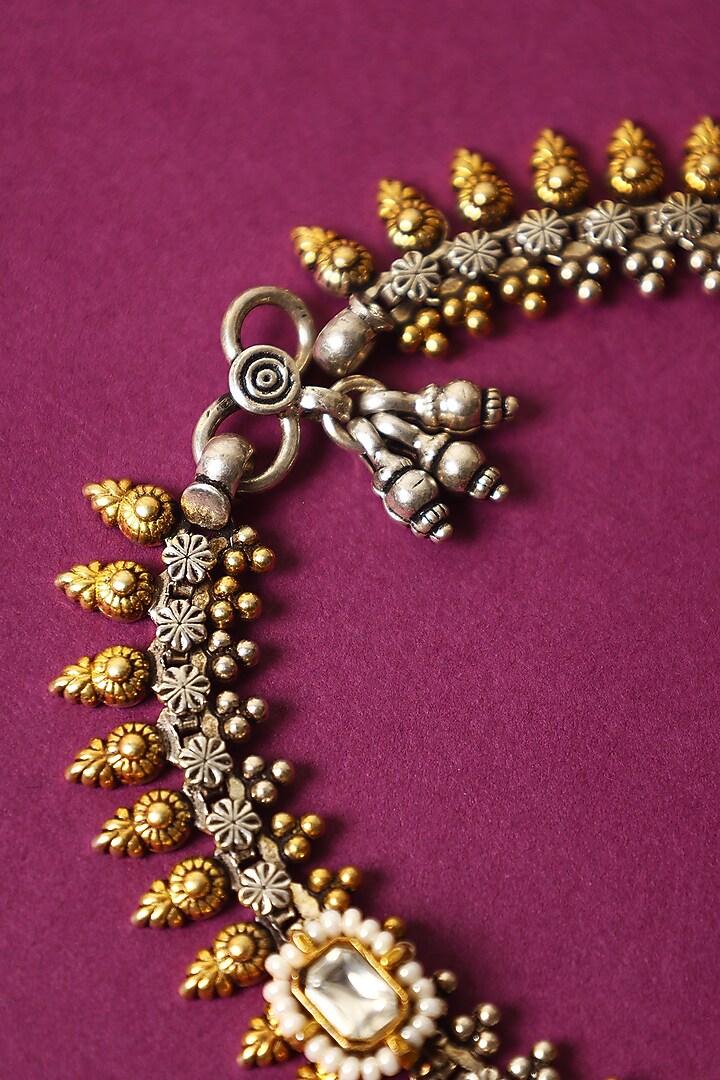 White Finish Kundan Polki Temple Anklets In Sterling Silver (Set Of 2) by Mero at Pernia's Pop Up Shop