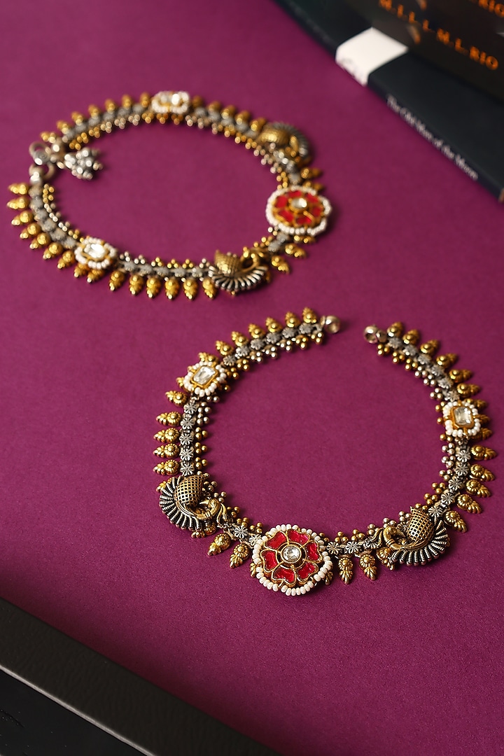 White Finish Kundan Polki Temple Anklets In Sterling Silver (Set Of 2) by Mero at Pernia's Pop Up Shop