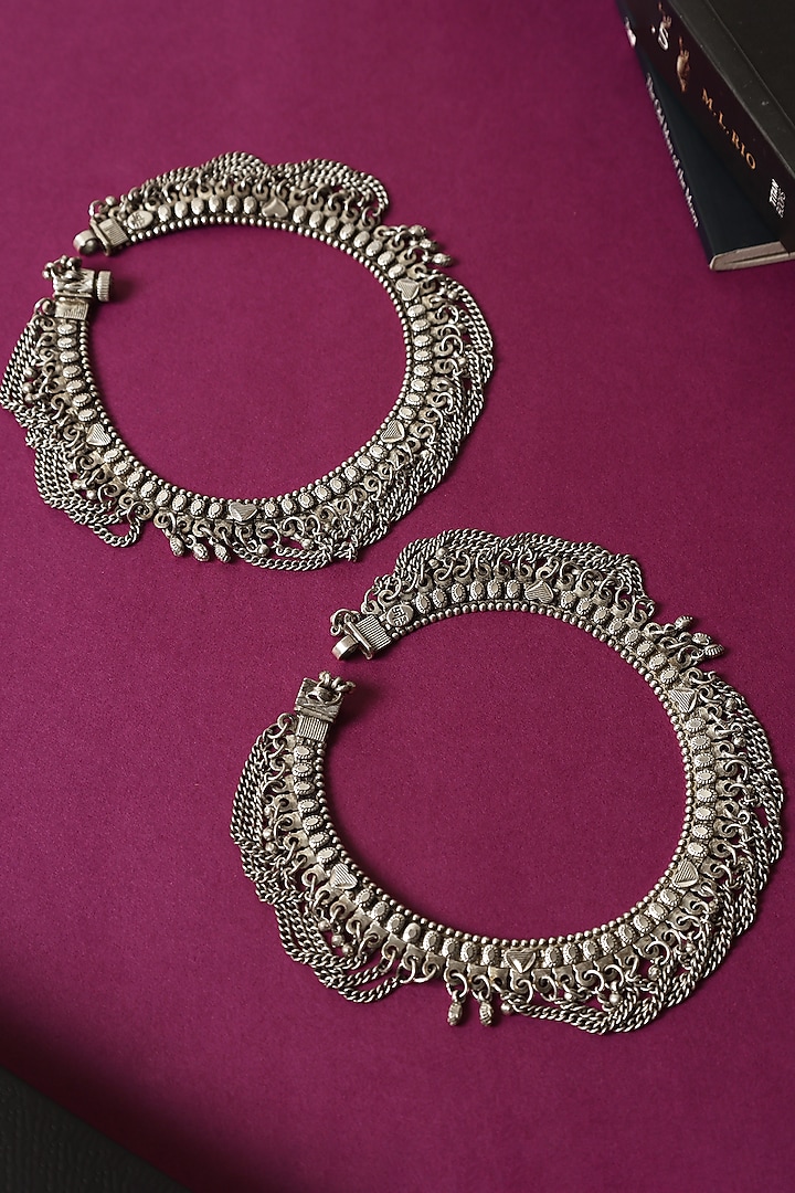 White Finish Temple Anklets In Sterling Silver (Set Of 2) by Mero at Pernia's Pop Up Shop