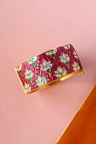 White Finish Kundan Polki Temple Bangle In Sterling Silver by Mero