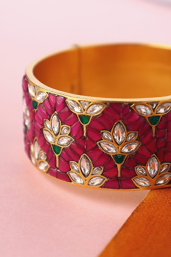 White Finish Kundan Polki Temple Bangle In Sterling Silver by Mero at Pernia's Pop Up Shop