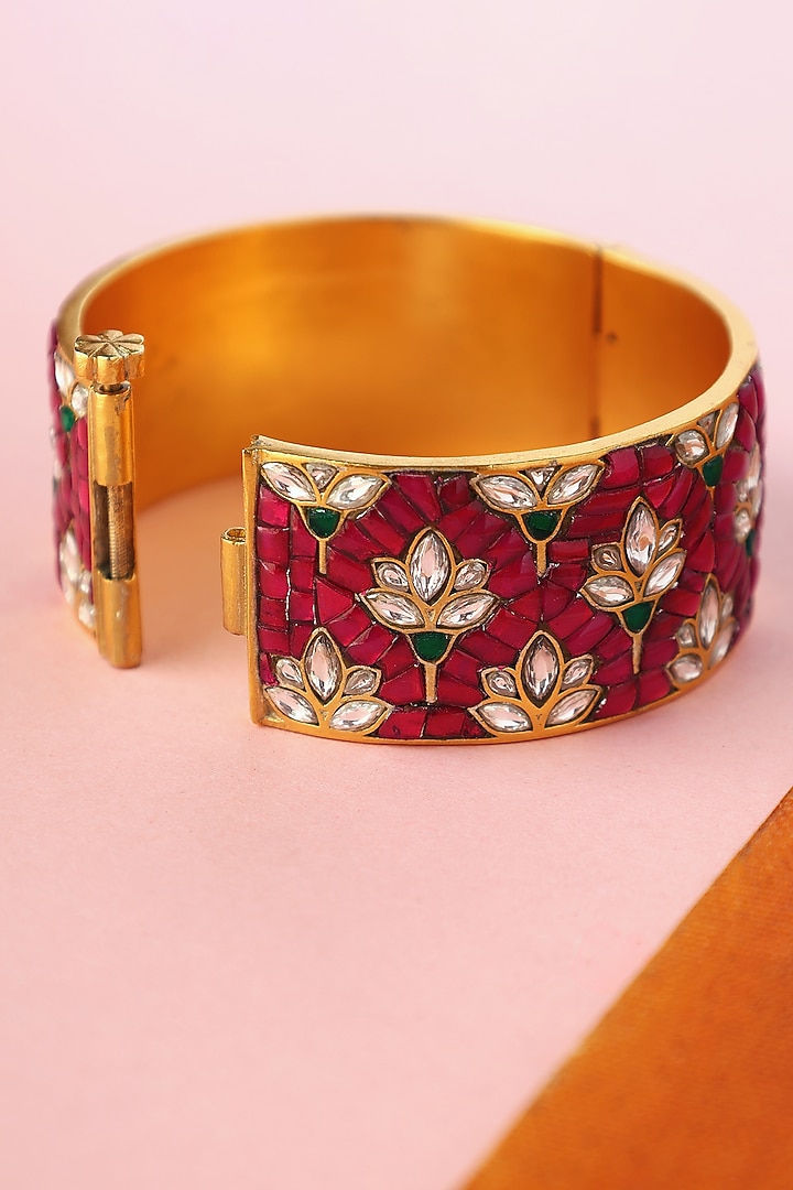 White Finish Kundan Polki Temple Bangle In Sterling Silver by Mero at Pernia's Pop Up Shop