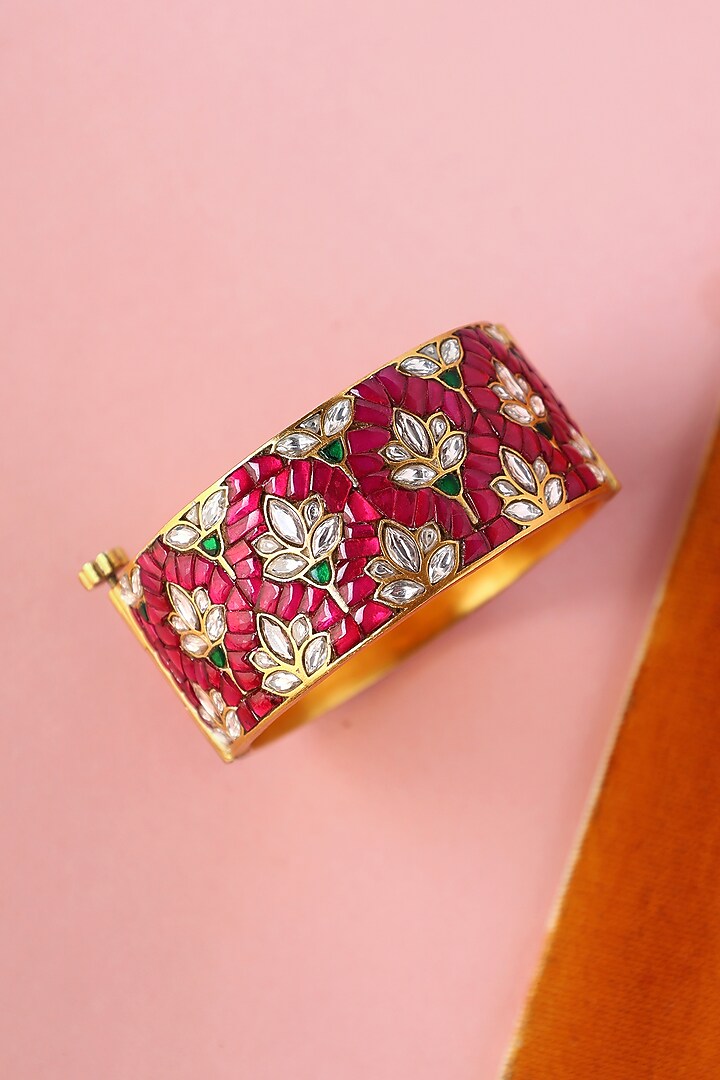 White Finish Kundan Polki Temple Bangle In Sterling Silver by Mero at Pernia's Pop Up Shop