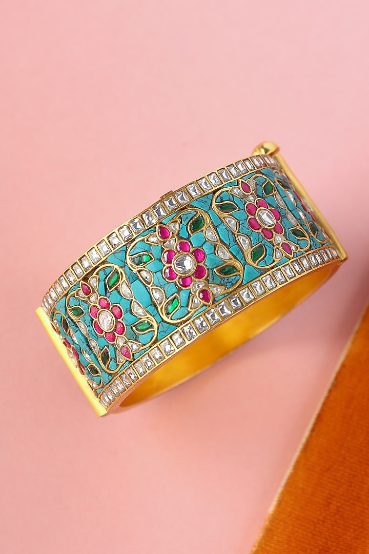 White Finish Kundan Polki Temple Bangle In Sterling Silver by Mero at Pernia's Pop Up Shop