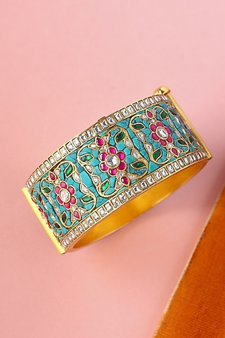 White Finish Kundan Polki Temple Bangle In Sterling Silver by Mero