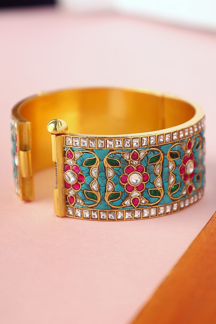 White Finish Kundan Polki Temple Bangle In Sterling Silver by Mero at Pernia's Pop Up Shop