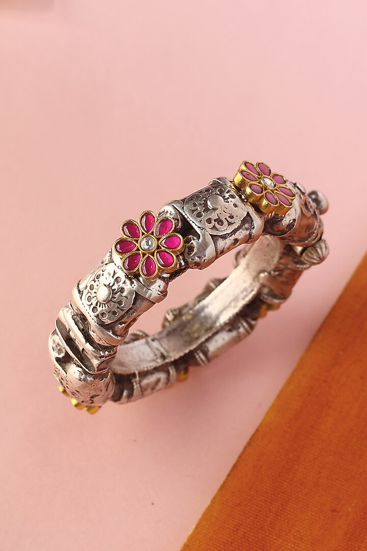 White Finish Kundan Polki Temple Bangle In Sterling Silver by Mero at Pernia's Pop Up Shop