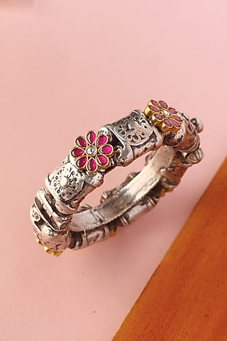 White Finish Kundan Polki Temple Bangle In Sterling Silver by Mero