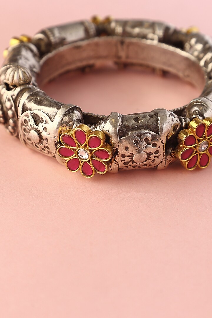 White Finish Kundan Polki Temple Bangle In Sterling Silver by Mero at Pernia's Pop Up Shop