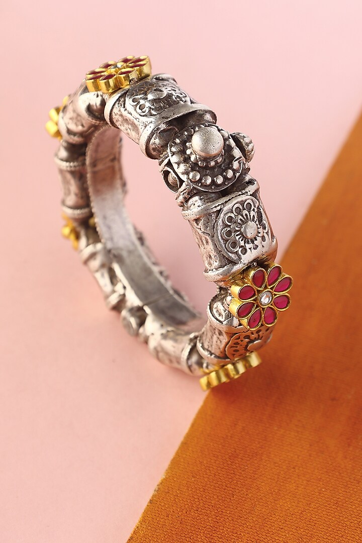 White Finish Kundan Polki Temple Bangle In Sterling Silver by Mero at Pernia's Pop Up Shop