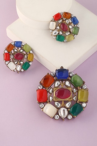 White Finish Moissanite & Navratna Stone Pendant Set In Sterling Silver by Mero