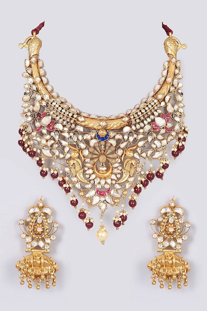 Gold Finish Kundan Polki Necklace Set In Sterling Silver Design by Mero ...