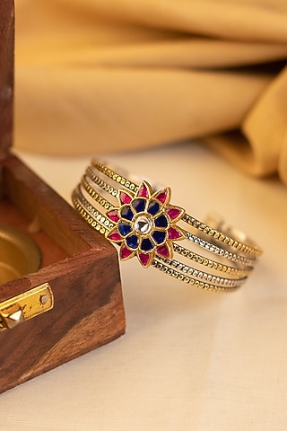 Two-Tone Kundan Polki Temple Bangle In Sterling Silver by Mero