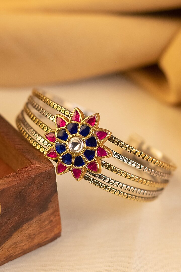 Two-Tone Kundan Polki Temple Bangle In Sterling Silver by Mero at Pernia's Pop Up Shop