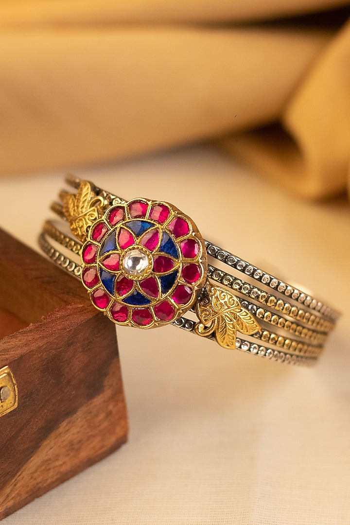 Two-Tone Kundan Polki Temple Bangle In Sterling Silver by Mero at Pernia's Pop Up Shop