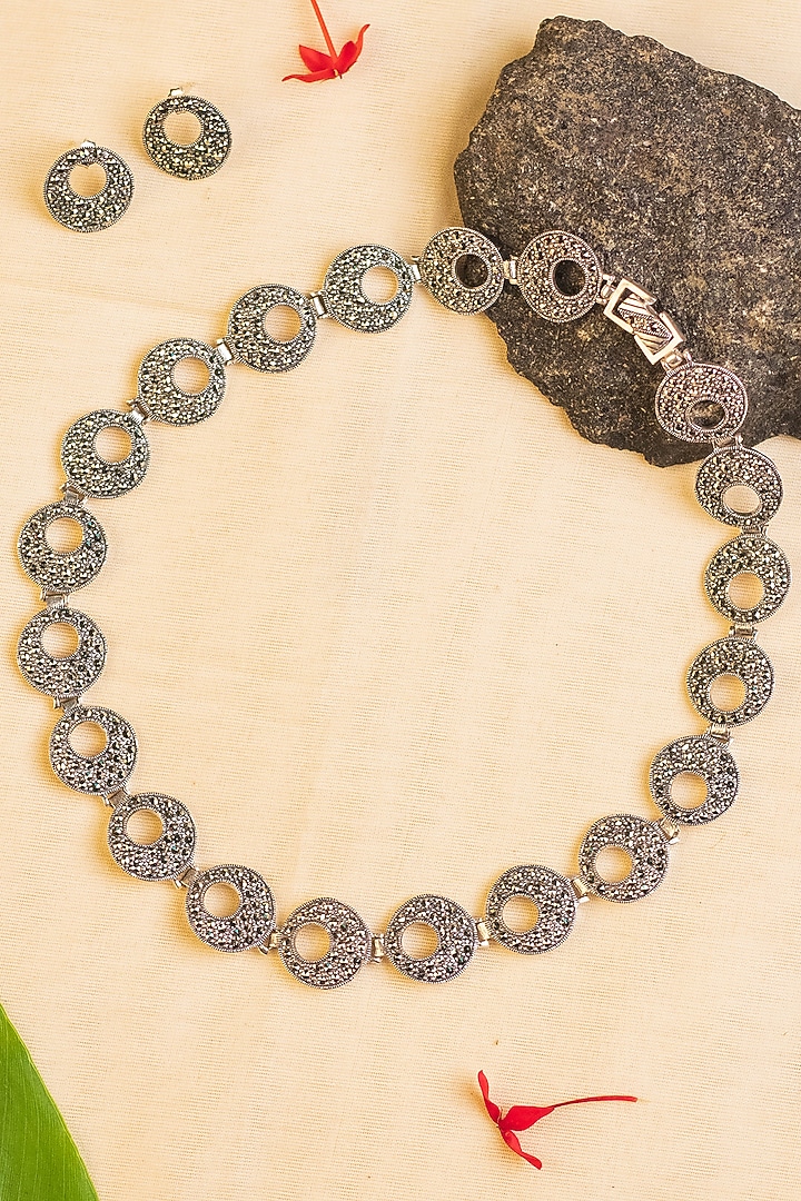White Finish Marcasite Temple Necklace Set In Sterling Silver by Mero at Pernia's Pop Up Shop