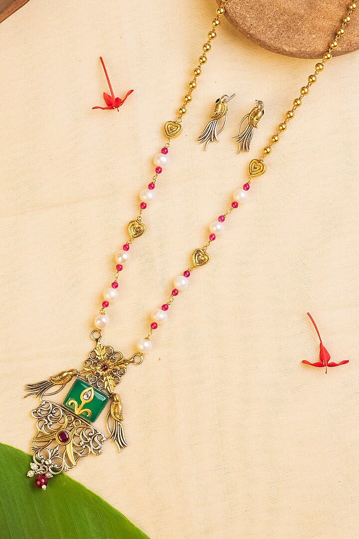 Two-Tone Finish Kundan Polki Long Temple Necklace Set In Sterling Silver by Mero at Pernia's Pop Up Shop