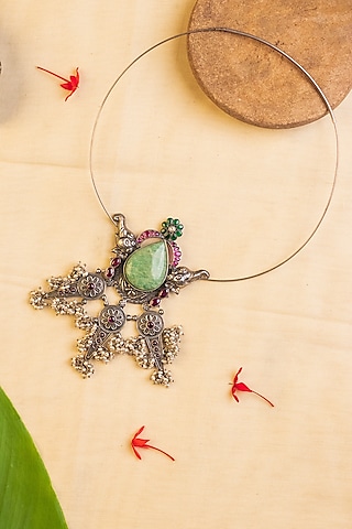 White Finish Jade & Pearl Long Temple Necklace In Sterling Silver by Mero