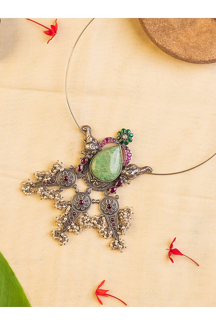 White Finish Jade & Pearl Long Temple Necklace In Sterling Silver by Mero at Pernia's Pop Up Shop