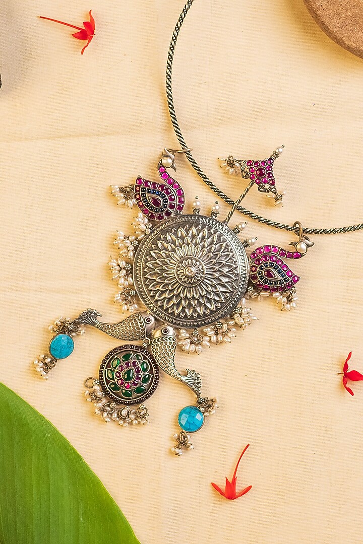 White Finish Kemp Stone & Pearl Temple Necklace In Sterling Silver by Mero at Pernia's Pop Up Shop