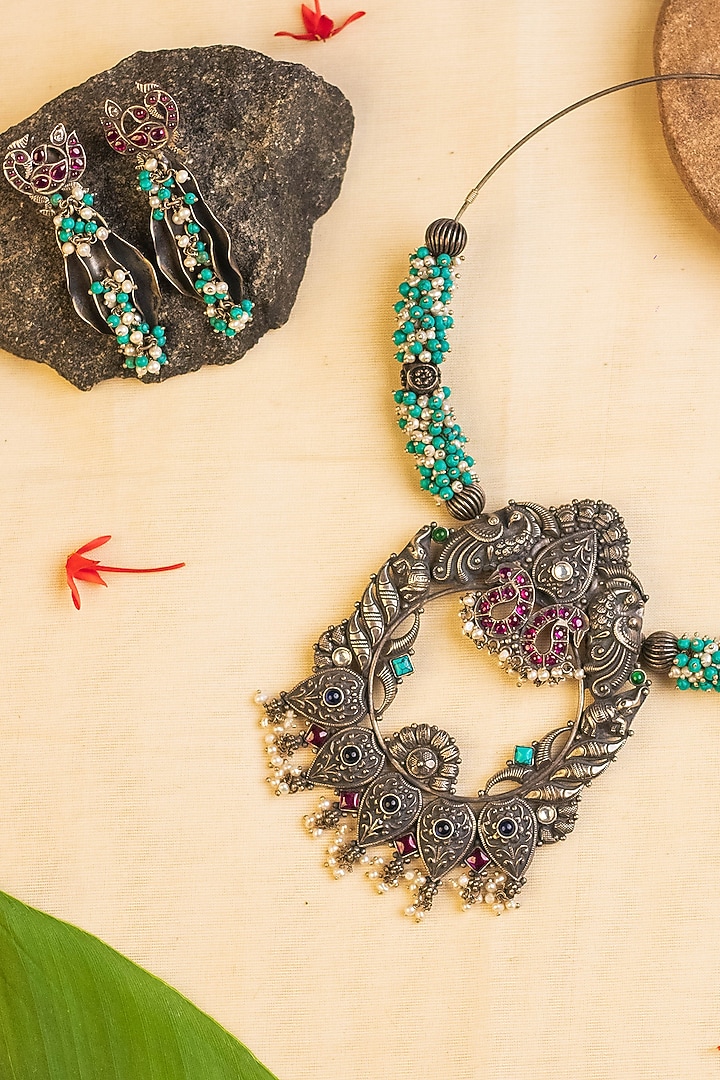 White Finish Kemp Stone & Pearl Temple Necklace Set In Sterling Silver by Mero at Pernia's Pop Up Shop